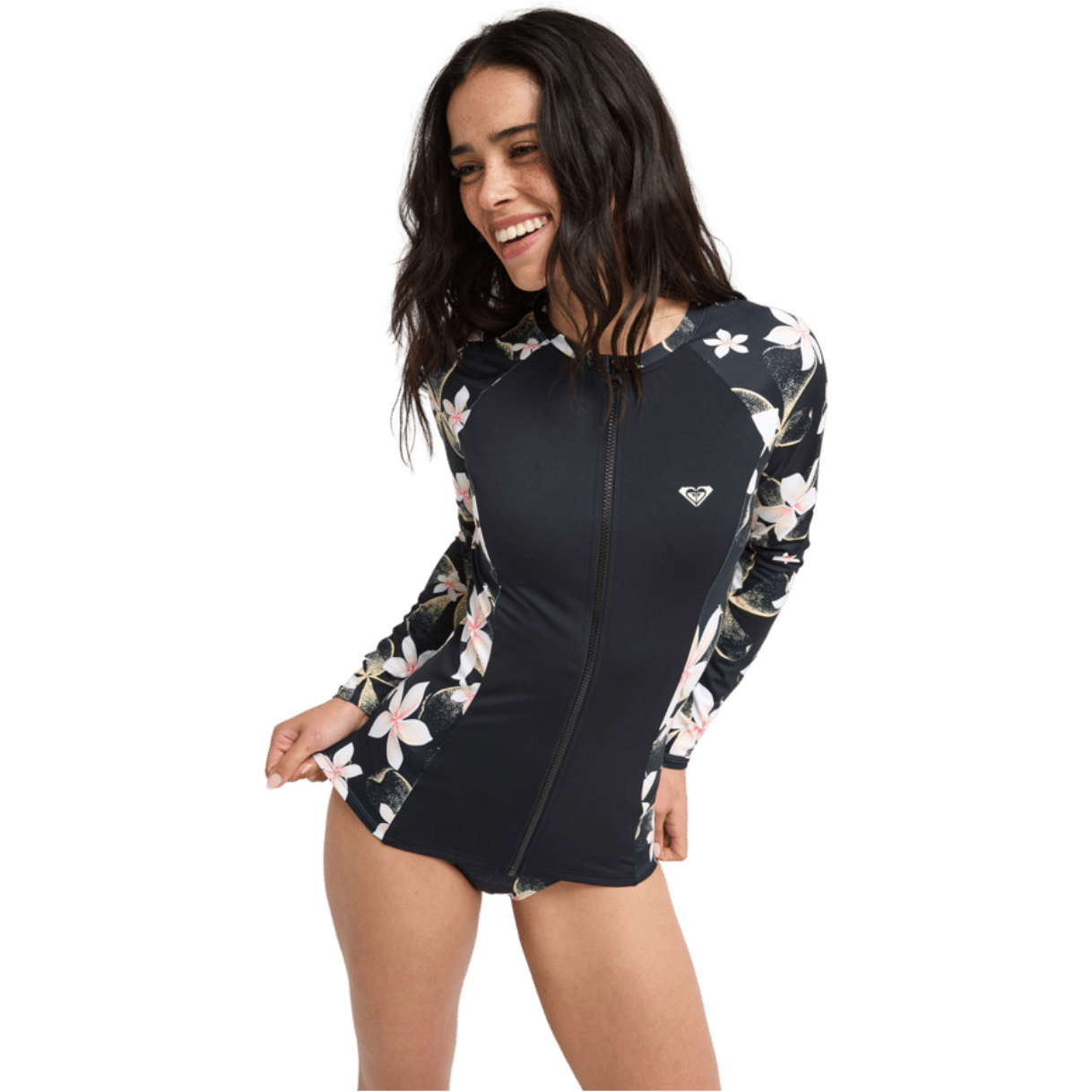 2026 Roxy Womens Lycra Long Sleeve Zipped Rash Vest ERJWR03898 - Anthracite Hibiscus Real S